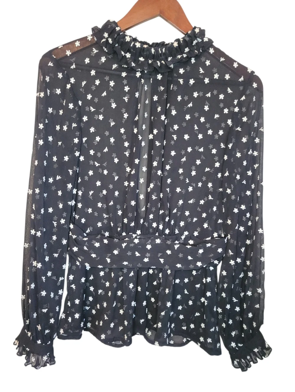 Zara Sheer Embroidered Blouse Small Black Floral Mesh Ruffle Neck Peplum Top - Picture 3 of 10